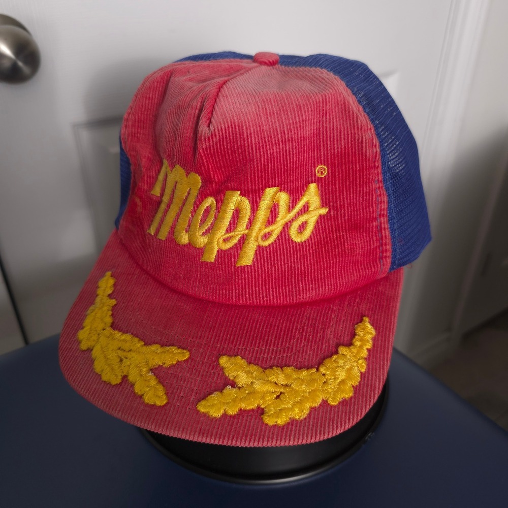 Vintage 80s Mepps Red Blue Trucker Hat O/S Corduroy Scrambled Eggs Fishing